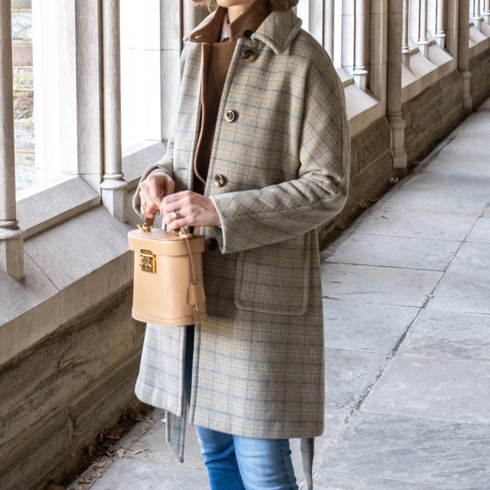 Gal Meets Glam || Beige & Sage Plaid Pea Coat || Wool Blend